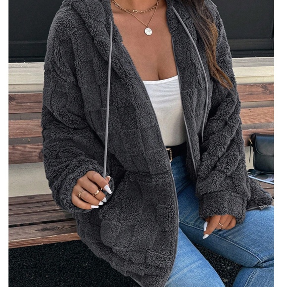 Plus Solid Dusty Blue Checkered zip up Drawstring Hoodie Jacket - Picture 8 of 10